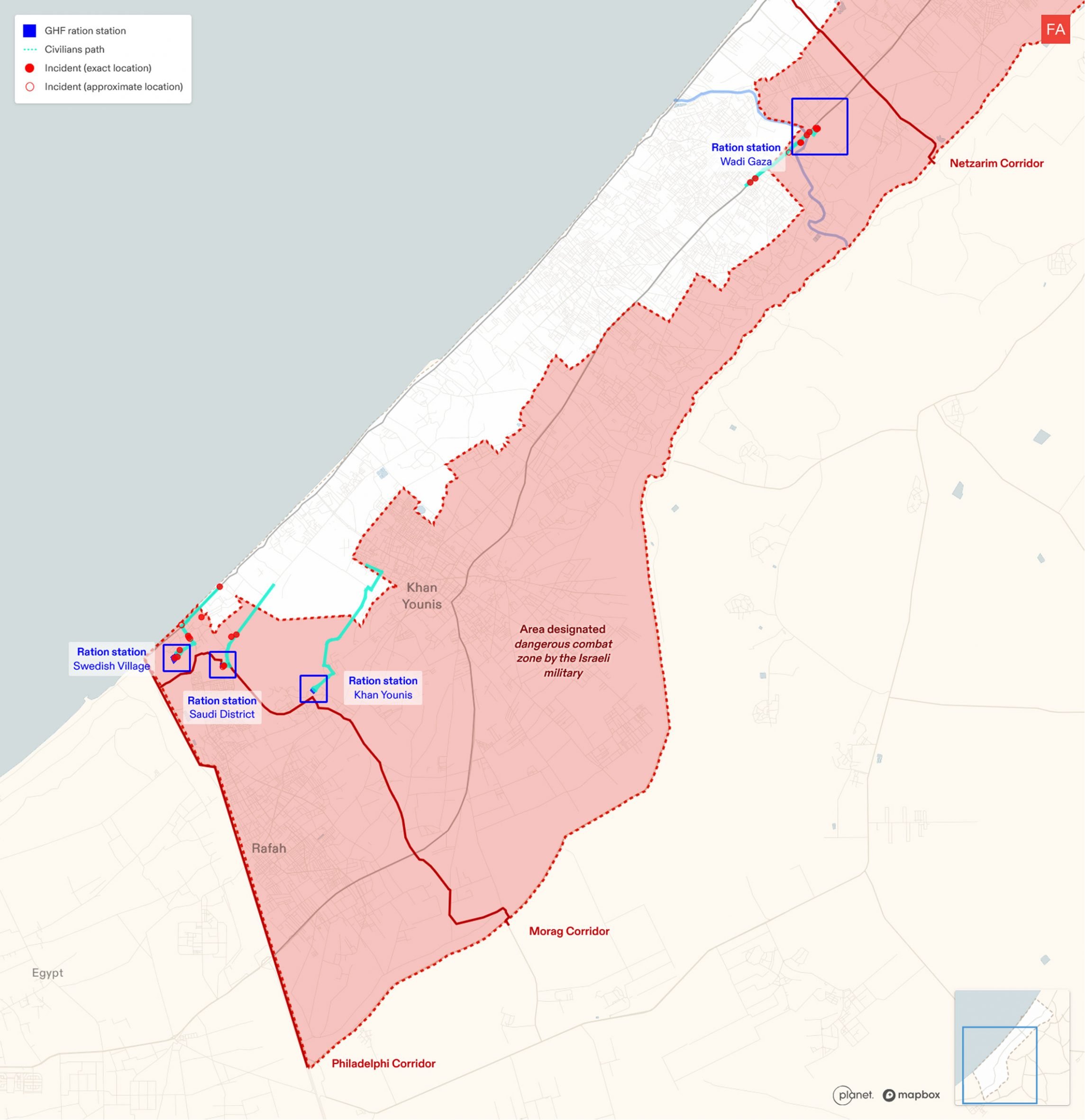Map of aid ration stations in Gaza