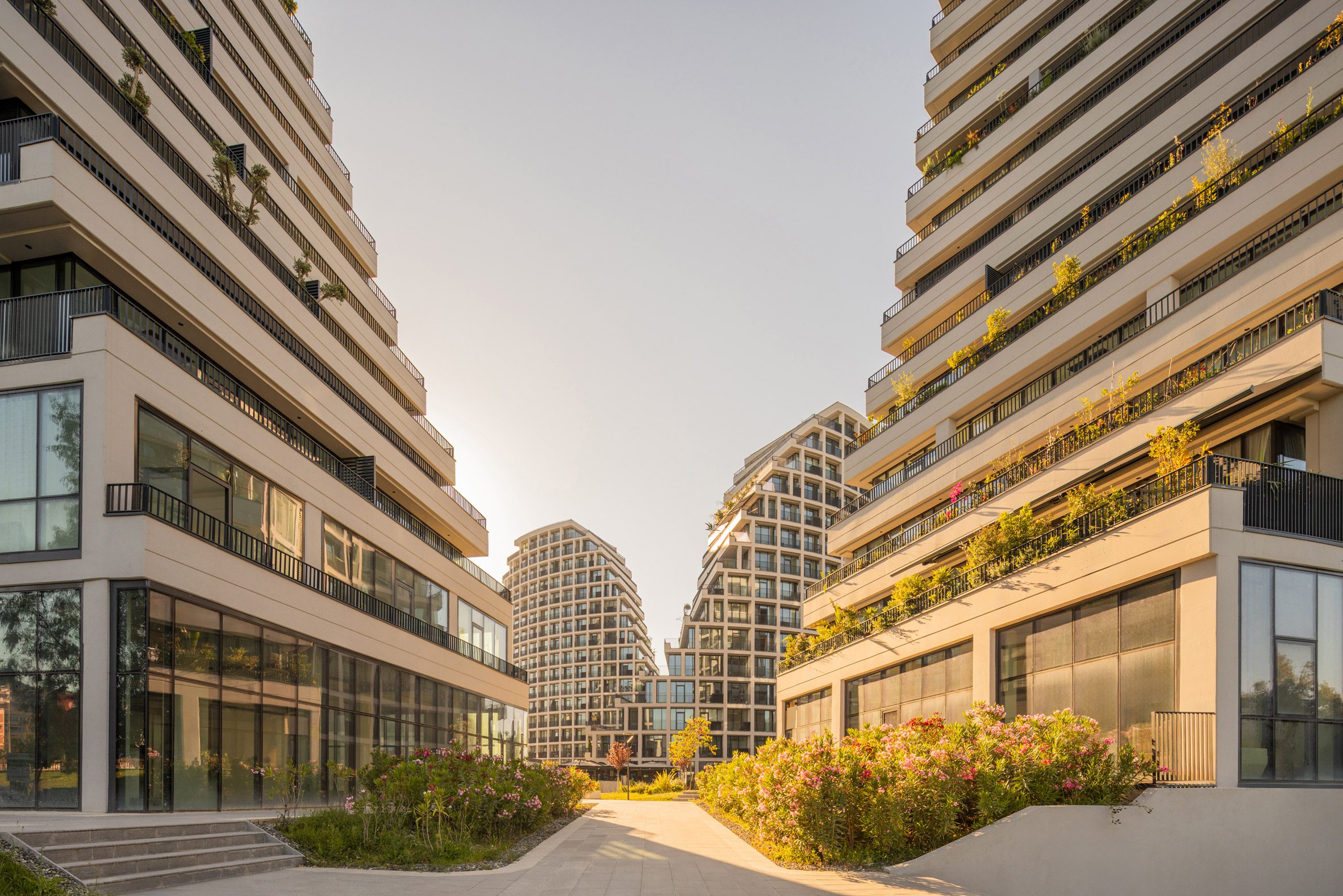 Path into Lake Views complex in Tirana