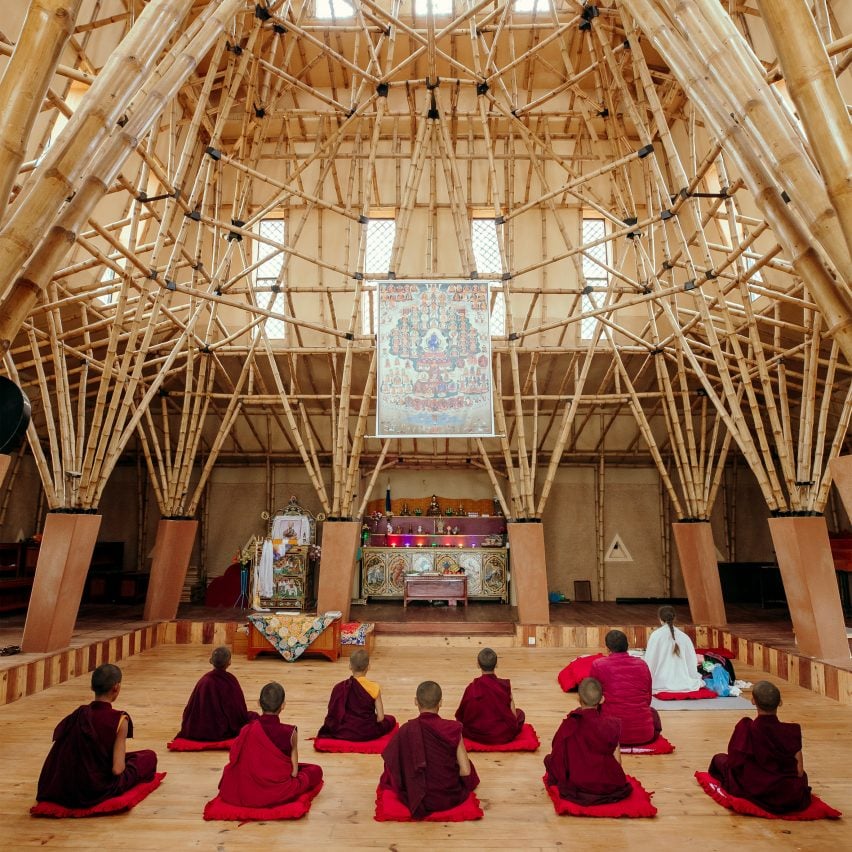 Mandala-shaped bamboo truss crowns Buddhist meditation hall in Nepal by Abari