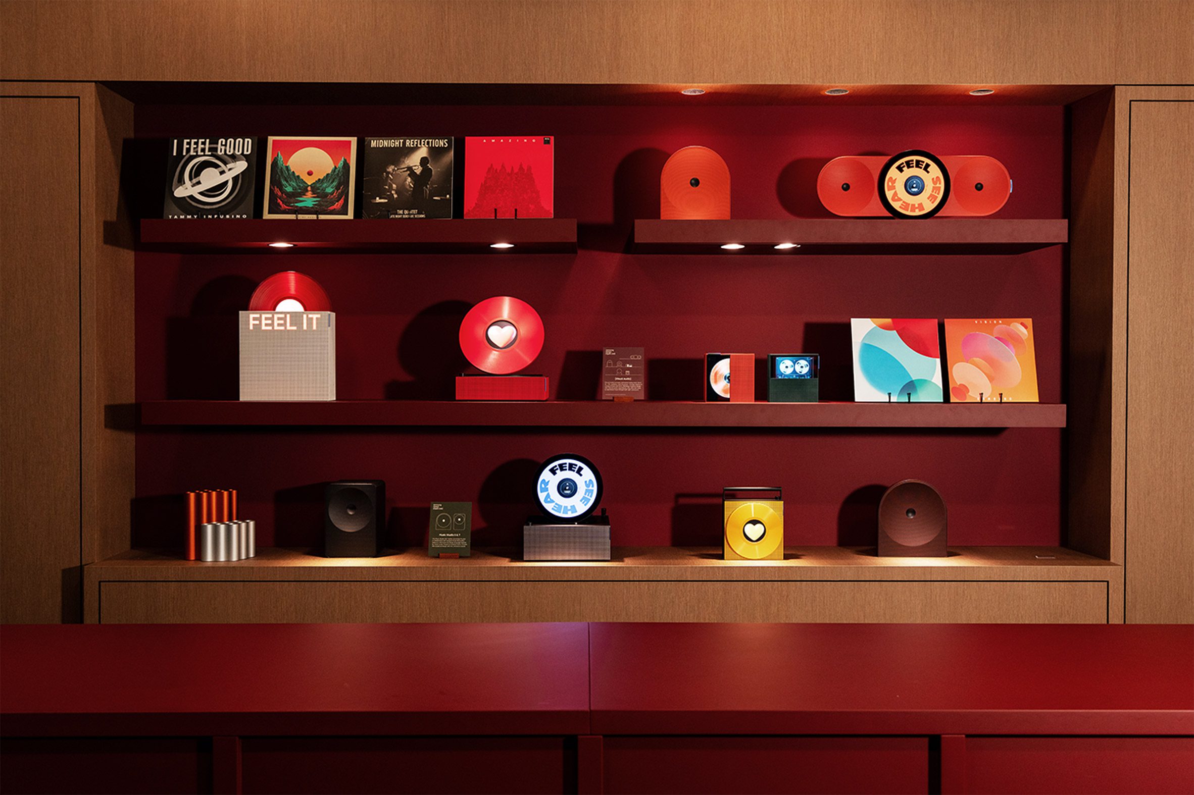 Exhibition display featuring a range of Samsung objects and devices