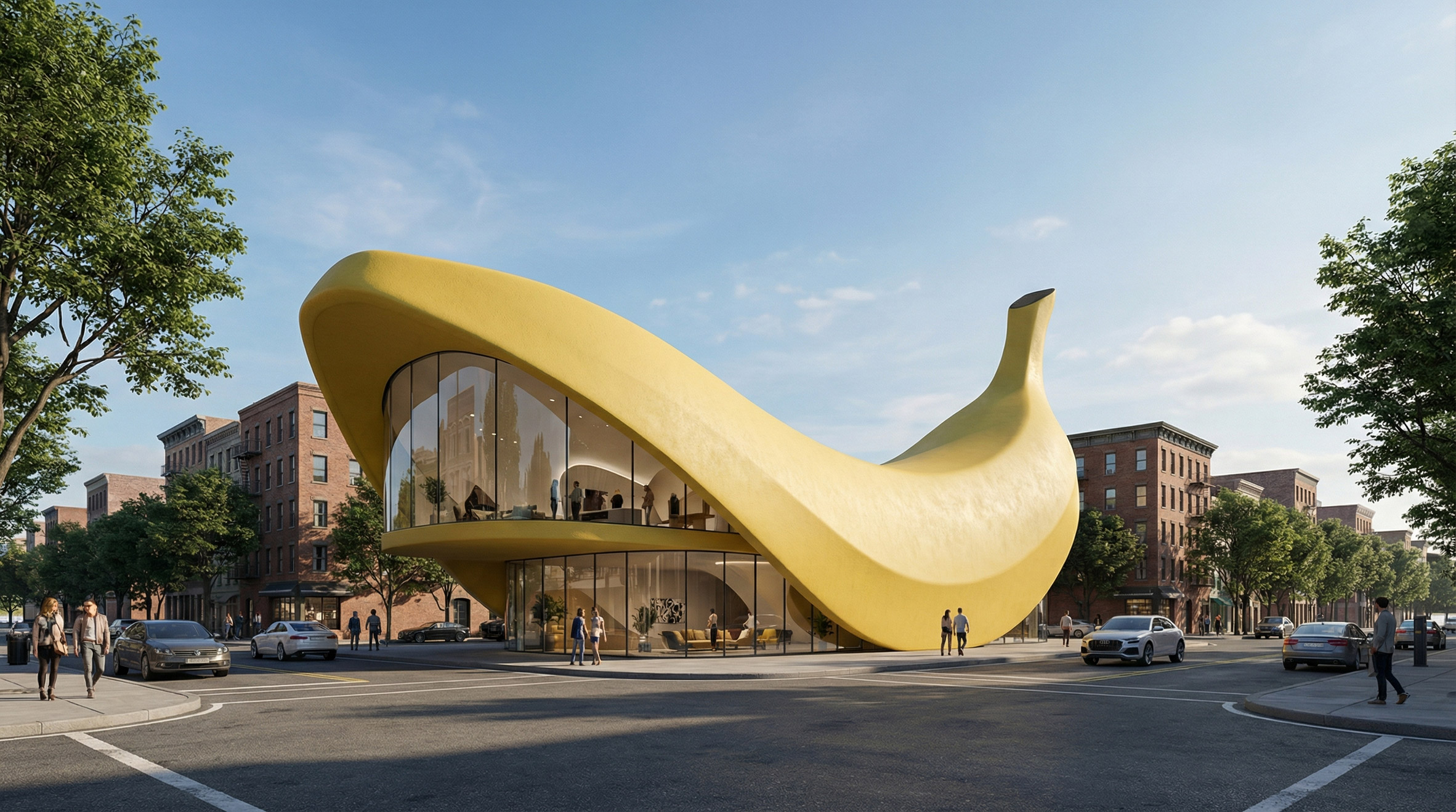 Render of an banana-shaped building by Chaos