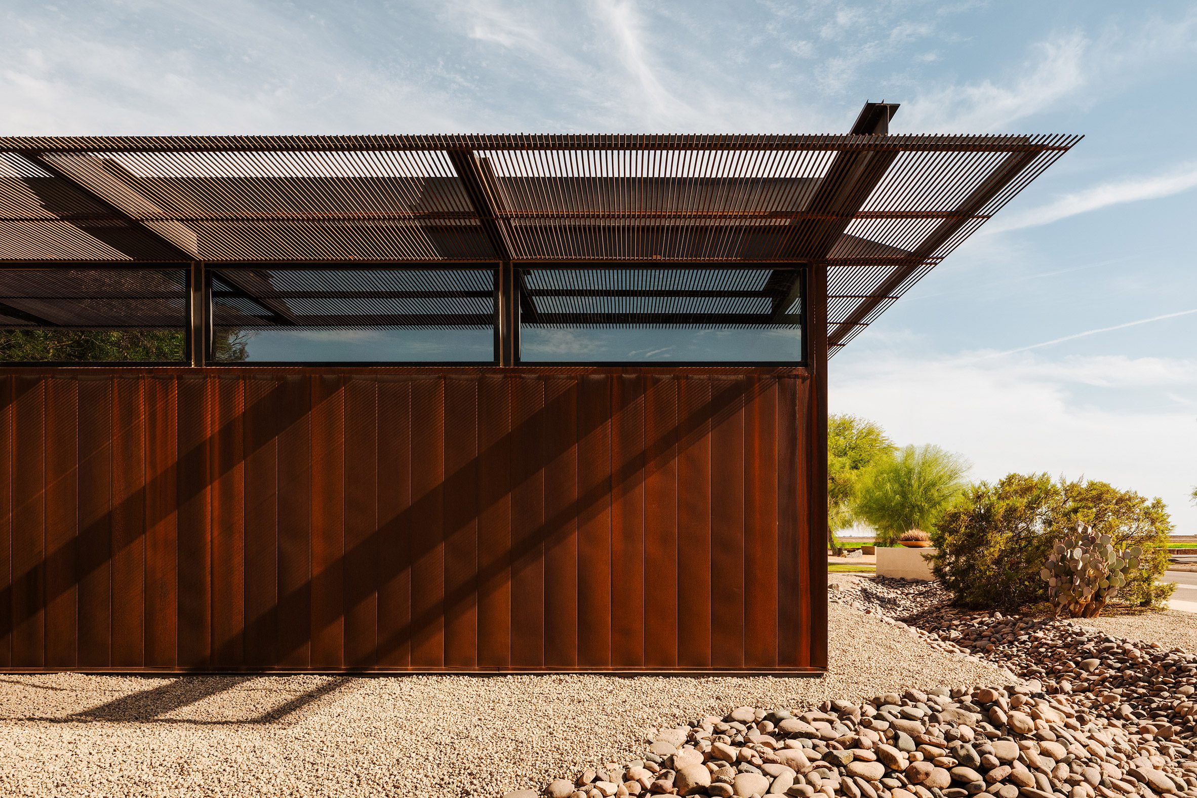 The standalone extension to the Cocopah Museum and Cultural Center, wrapped in panels of weathering steel
