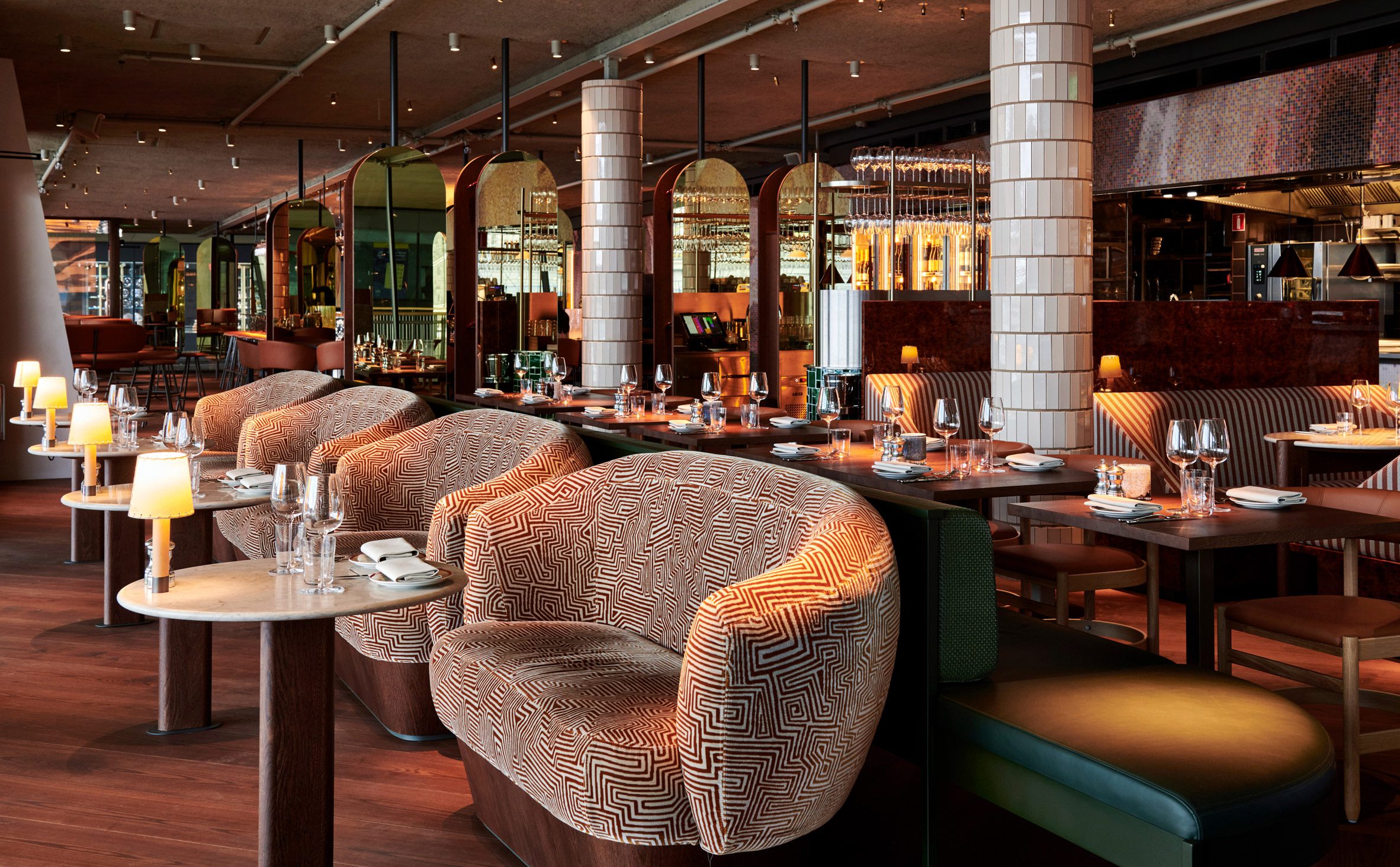 Chairs and tiled pillars in restaurant