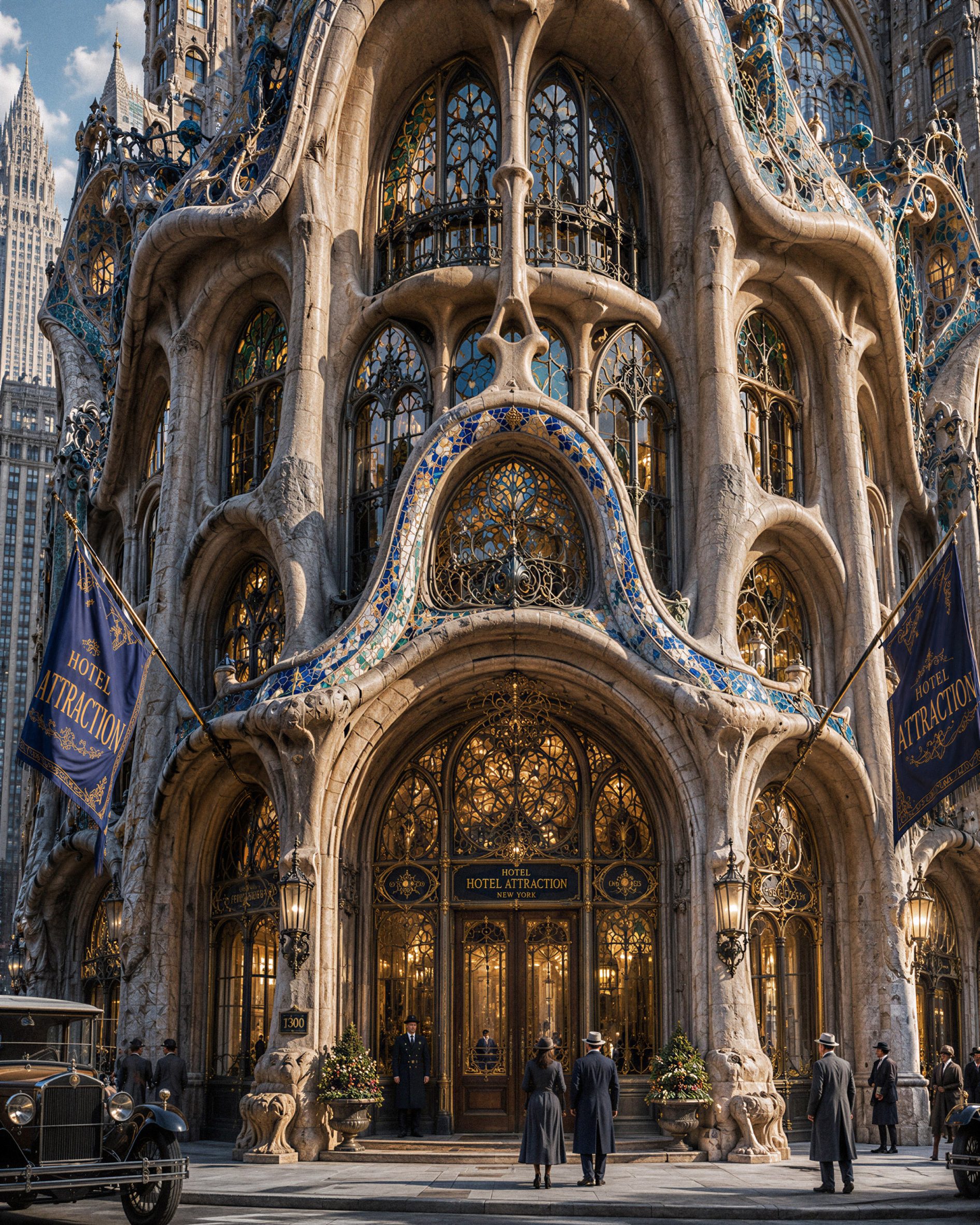 Render of entrance to Hotel Attraction by Gaudi